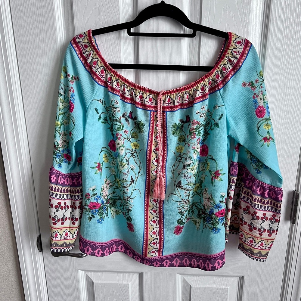 Umgee Womens Boho Floral Off Shoulder Bell Sleeve Tassel Blouse Turquoise Blue M
